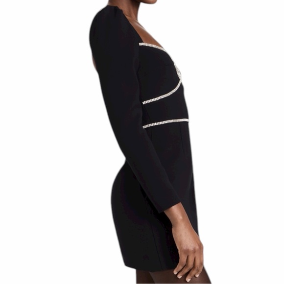 Self Portrait Black Crepe Diamante Detail Mini Dress, Size 8 - Picture 3 of 13
